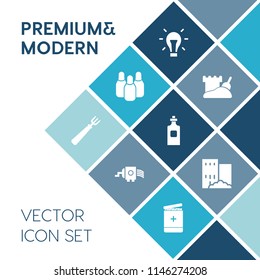 Modern, simple vector icon set on blue colorful background with fork, cheese, estate, cooking, innovation, sand, glass, cone, vacation, bowling, sport, light, sea, energy, liquid, building, meat icons