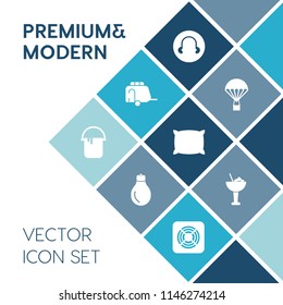 Modern, simple vector icon set on blue colorful background with painter, extreme, color, skydiving, transportation, alcohol, energy, sky, air, transport, house, bulb, fly, bed, railway, car, bar icons
