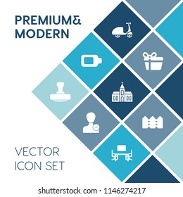 Modern, simple vector icon set on blue colorful background with cycle, summer, decoration, fence, avatar, ride, user, desk, delete, profile, account, office, charger, electricity, celebration icons