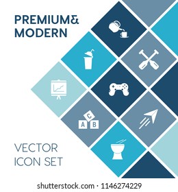 Modern, simple vector icon set on blue colorful background with plane, sport, document, aircraft, letter, school, cup, oar, alphabet, flight, river, annual, education, boat, game, travel, canoe icons
