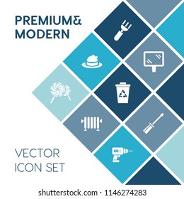 Modern, simple vector icon set on blue colorful background with clothing, spoon, road, sport, restaurant, food, traffic, construction, headwear, head, home, recycling, drill, style, work, water icons