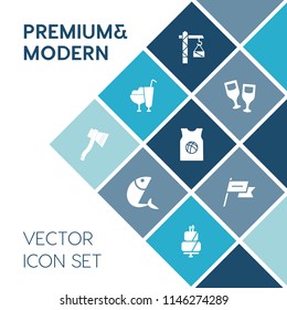 Modern, simple vector icon set on blue colorful background with winery, basketball, cake, pie, fresh, restaurant, team, fish, ice, alcohol, animal, building, wine, collection, beverage, hammer icons