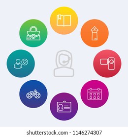 Modern, simple vector icon set on colorful circle backgrounds with tower, online, leather, timetable, document, object, day, identity, book, identification, wheel, click, movie, architecture, id icons