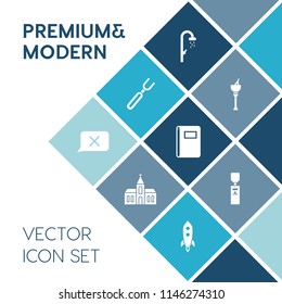 Modern, simple vector icon set on blue colorful background with church, party, closed, knife, bath, dinner, wash, book, spoon, head, ice, rocket, launch, shower, champagne, page, hygiene, glass icons