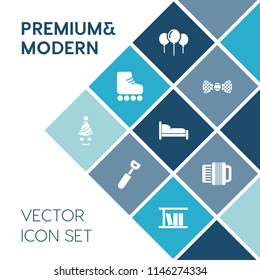 Modern, simple vector icon set on blue colorful background with home, boot, fashion, decoration, restaurant, funny, bright, celebration, suit, holiday, food, instrument, book, birthday, spoon icons