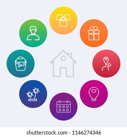 Modern, simple vector icon set on colorful circle backgrounds with fashion, building, gift, bucket, male, day, location, giftbox, sign, boy, man, handle, map, route, modern, people, container icons