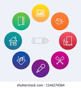 Modern, simple vector icon set on colorful circle backgrounds with steel, fuel, karaoke, gun, house, military, mic, laptop, shot, music, home, bullet, paddle, gas, shipping, building, page, oil icons