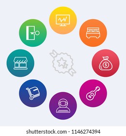 Modern, simple vector icon set on colorful circle backgrounds with space, curtain, baggage, interior, ribbon, medical, emergency, badge, medicine, science, safety, decorative, financial, exit icons