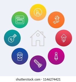 Modern, simple vector icon set on colorful circle backgrounds with musical, fashion, cafe, food, package, shop, property, birdhouse, cargo, cup, home, power, hot, suit, equipment, bird, modern icons