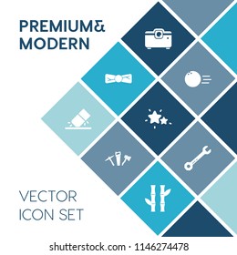 Modern, simple vector icon set on blue colorful background with wrench, work, star, suit, repair, education, equipment, clothing, sport, asian, fun, astronomy, leisure, plant, bowling, tie, game icons