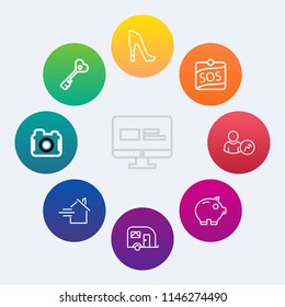 Modern, simple vector icon set on colorful circle backgrounds with safe, house, money, transport, traffic, female, heel, web, finance, home, label, website, key, estate, sos, economy, woman, van icons