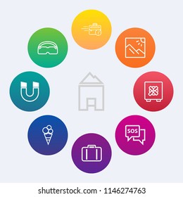 Modern, simple vector icon set on colorful circle backgrounds with photography, landscape, office, cream, sport, dessert, house, mask, photo, airport, desk, science, bank, architecture, safe icons