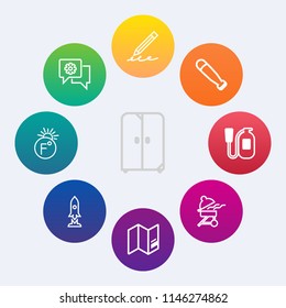 Modern, simple vector icon set on colorful circle backgrounds with baseball, pencil, travel, education, fire, cabinet, pen, home, decoration, interior, equipment, web, communication, decorative icons