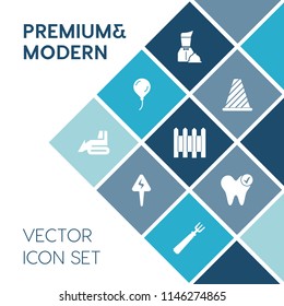 Modern, simple vector icon set on blue colorful background with construction, work, food, health, fork, happy, vehicle, waiter, party, white, dentist, celebration, background, machinery, wall icons