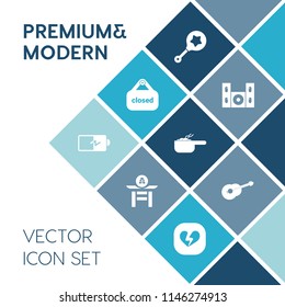 Modern, simple vector icon set on blue colorful background with energy, love, banner, broken, baby, technology, infant, meal, store, cinema, closed, play, child, sign, music, culture, speaker icons
