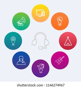 Modern, simple vector icon set on colorful circle backgrounds with technology, record, vintage, guitar, support, outdoor, map, hotel, musical, headset, play, business, retro, hospitality, credit icons
