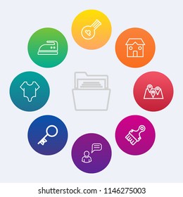 Modern, simple vector icon set on colorful circle backgrounds with building, board, girl, open, string, folder, road, empty, person, travel, key, chat, door, housework, , music, iron, home, sign icons