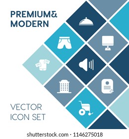 Modern, simple vector icon set on blue colorful background with phone, chat, plate, pc, urban, sport, sound, house, wear, element, building, handicap, white, message, bank, music, sign, computer icons