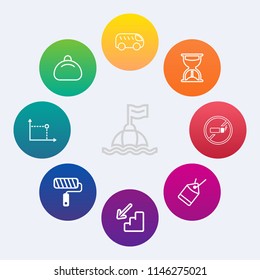 Modern, simple vector icon set on colorful circle backgrounds with label, tool, bag, background, help, rescue, fashion, sand, addiction, time, direction, move, tag, hour, down, bus, left, clock icons