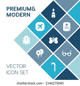 Modern, simple vector icon set on blue colorful background with beauty, fashion, nature, element, sign, airplane, butterfly, birthday, muffin, fiction, cookie, food, party, balloon, aircraft, id icons
