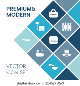 Modern, simple vector icon set on blue colorful background with interior, table, room, snack, baby, closed, business, red, security, dinner, outdoor, fence, protection, shower, burger, cute, bed icons