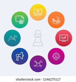 Modern, simple vector icon set on colorful circle backgrounds with ship, frame, military, announcement, sea, concept, achievement, business, loud, diagnostic, challenge, man, success, male, war icons