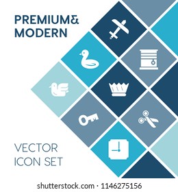 Modern, simple vector icon set on blue colorful background with transport, security, decoration, sky, sign, key, nature, paper, time, plane, wildlife, animal, interior, aviation, queen, lock icons