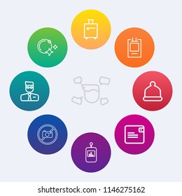 Modern, simple vector icon set on colorful circle backgrounds with account, sky, button, moon, trip, business, suitcase, moonlight, wallet, control, fashion, label, male, head, forbidden, travel icons