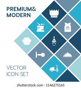 Modern, simple vector icon set on blue colorful background with king, saxophone, food, unlock, instrument, celebration, kingdom, bicycle, fun, service, luxury, security, jewelry, cycle, safe icons