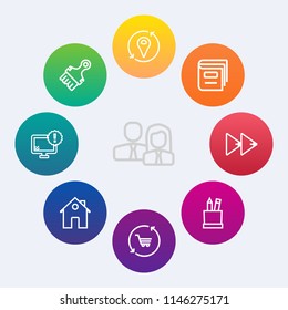 Modern, simple vector icon set on colorful circle backgrounds with estate, cart, monitor, player, education, people, travel, map, computer, person, equipment, pencil, business, worker, staff,  icons