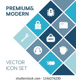 Modern, simple vector icon set on blue colorful background with storage, comet, open, travel, astronomy, tool, store, file, humanoid, equipment, alien, office, data, sign, teapot, map, hammer icons