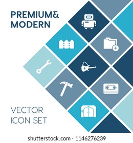 Modern, simple vector icon set on blue colorful background with vintage, cyborg, screwdriver, business, wrench, repair, tape, robotic, machine, storage, work, cassette, equipment, information icons