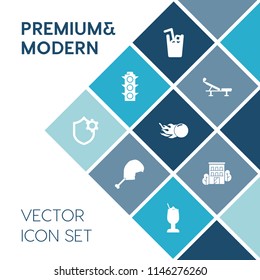 Modern, simple vector icon set on blue colorful background with fitness, space, transportation, exercise, green, security, sport, stop, animal, water, traffic, alcohol, chicken, healthy, phone icons