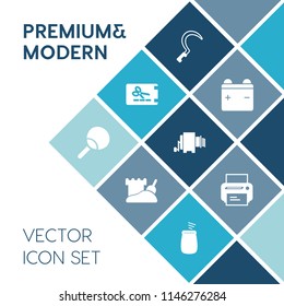 Modern, simple vector icon set on blue colorful background with sickle, charge, print, tower, label, vacation, price, food, farming, garden, power, tool, gift, paper, banner, technology, sea icons