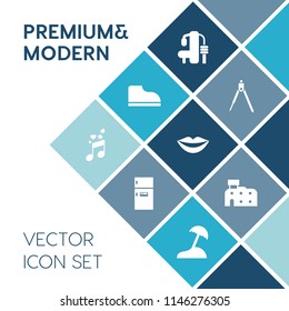 Modern, simple vector icon set on blue colorful background with girl, fridge, work, sport, musical, architecture, geometry, note, lips, engineering, sound, drawing, healthy, teeth, metal, music icons