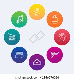 Modern, simple vector icon set on colorful circle backgrounds with style, handgun, element, clef, sound, pistol, music, hyperlink, gun, technology, double, add, audio, musical, bag, weapon, sign icons