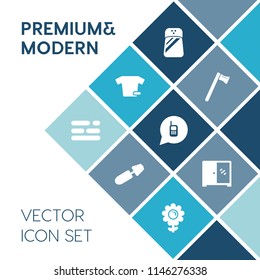 Modern, simple vector icon set on blue colorful background with t-shirt, cooking, furniture, clothes, phone, kitchen, clothing, spice, layout, hammer, table, mascara, interior, brush, spanner icons