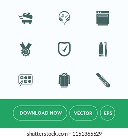 Modern, simple vector icon set on white background with security, medal, heater, earphone, headphone, jacket, toothbrush, award, check, sound, domestic, oven, chinese, toothpaste, appliance, gas icons