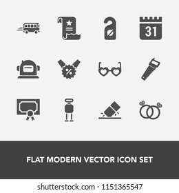Modern, simple vector icon set with diploma, bus, achievement, robot, romance, futuristic, eraser, business, white, frame, transport, hippie, sunglasses, paper, saw, file, sign, science, work icons