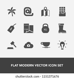 Modern, simple vector icon set with envelope, web, palm, cup, map, leaf, energy, chocolate, cloud, idea, mail, communication, location, fashion, style, real, flight, house, tropical, road, pin icons