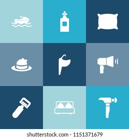 Modern, simple vector icon set on colorful blue backgrounds with tap, bottle, tool, construction, saw, hammer, communication, hat, kitchen, boat, potato, liquid, bathroom, ocean, style, fashion icons