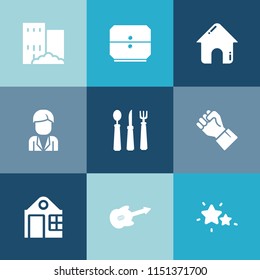 Modern, simple vector icon set on colorful blue backgrounds with casual, star, fashion, construction, sign, spoon, house, business, hand, real, sound, fork, night, office, concept, communication icons