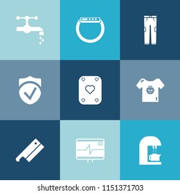Modern, simple vector icon set on colorful blue backgrounds with watch, coffee, drink, device, touch, game, meat, business, play, pulse, security, trousers, sink, kid, gadget, time, baby, clean icons