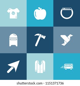 Modern, simple vector icon set on colorful blue backgrounds with small, wrench, watch, bus, sign, outfit, creative, coat, gadget, smart, style, newborn, time, hammer, fashion, equipment, speed icons
