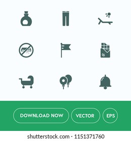 Modern, simple vector icon set on white background with no, alarm, travel, pants, casual, vacation, bell, clothes, dessert, trousers, sweet, birthday, sunny, decoration, america, vegetarian, bar icons