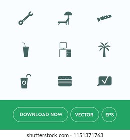 Modern, simple vector icon set on white background with construction, summer, holiday, drink, hamburger, beach, healthy, water, communication, music, hammer, desk, fruit, work, umbrella, glass icons