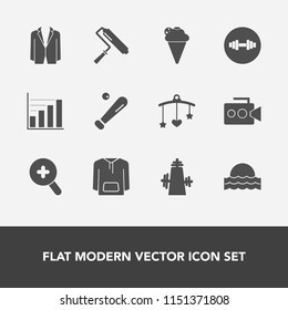 Modern, simple vector icon set with food, ball, ice, dessert, film, league, clothing, bed, sport, male, handle, fitness, brush, newborn, nature, roll, sunrise, baseball, person, data, jacket icons