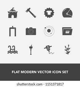 Modern, simple vector icon set with spanner, scan, agriculture, water, file, drill, motorcycle, photography, science, hand, photographer, machine, hammer, architecture, helmet, plant, bucket icons