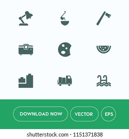 Modern, simple vector icon set on white background with object, shipping, web, vegetable, food, water, tool, film, sweet, axe, hot, work, video, dinner, lamp, table, bowl, light, building, soup icons