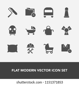 Modern, simple vector icon set with chef, kitchen, ufo, helmet, cooler, kid, game, shirt, folder, transport, clothes, baby, builder, alien, paint, transportation, man, pram, data, fiction, roll icons